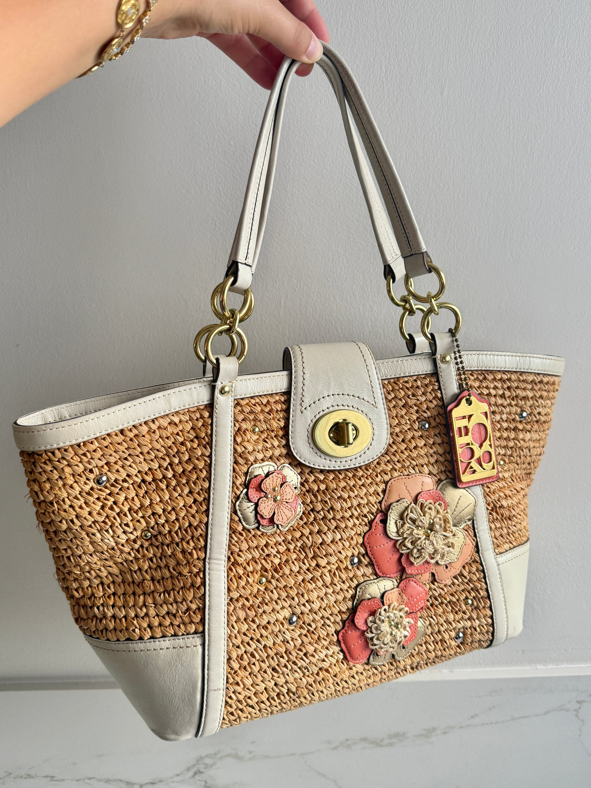 Super Rare Coach Hampton Leather and Straw Tote Bag