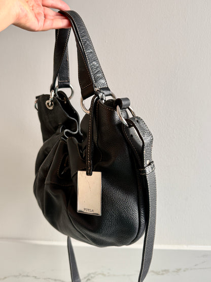 Super Rare Furla Black Leather Shoulder Bag, Medium