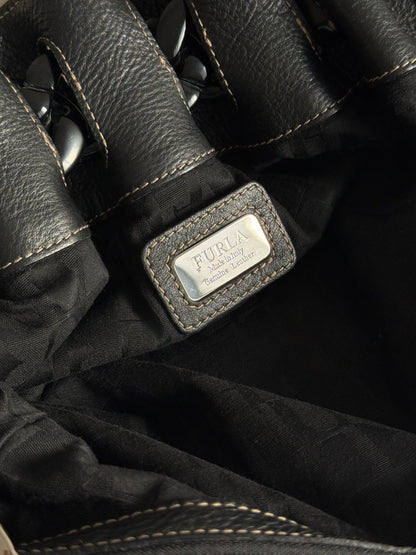 Super Rare Furla Black Leather Shoulder Bag, Medium